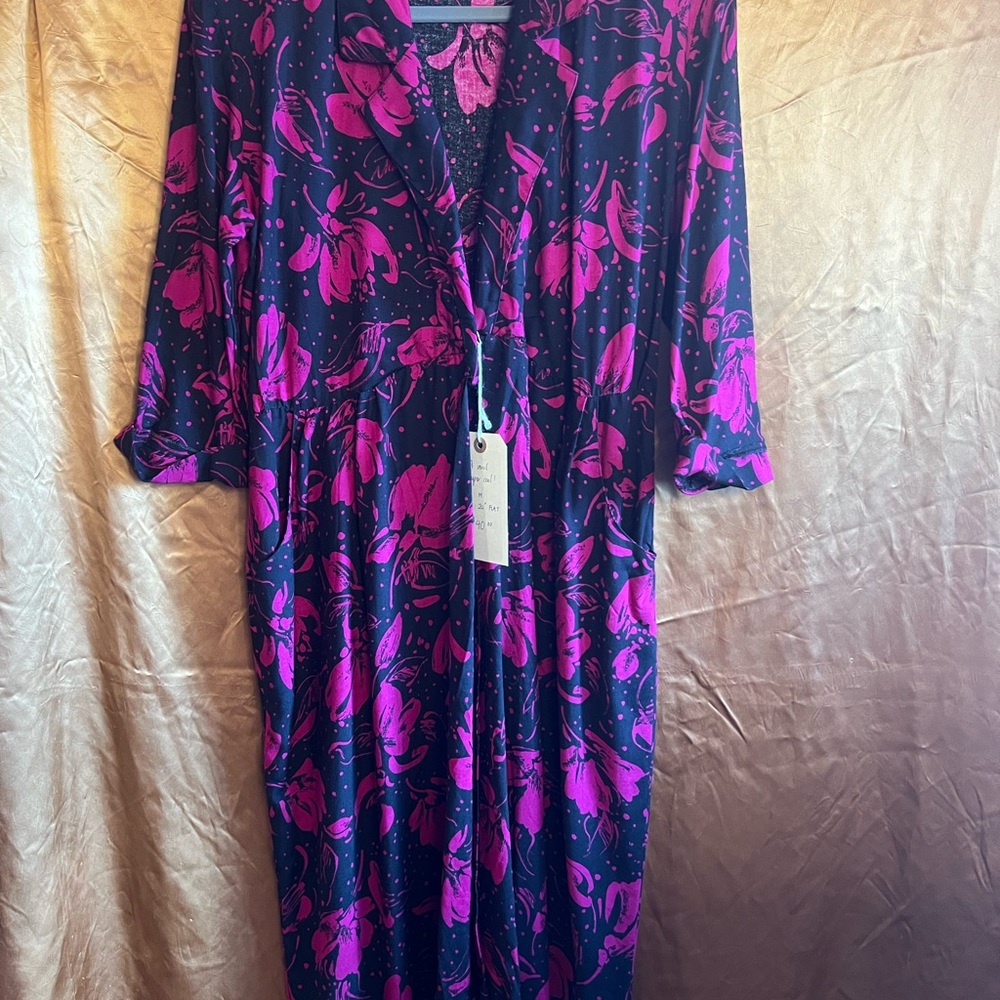 Vintage Braemar Women's Black and Pink Floral Dress 80s Button Up Wrap S